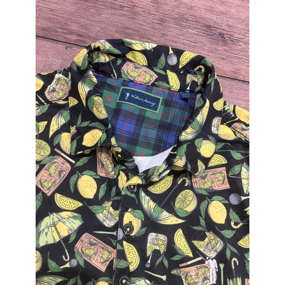William Murray Golf Mens Polo Shirt Black Lemon Cocktail Print Short Sleeve L